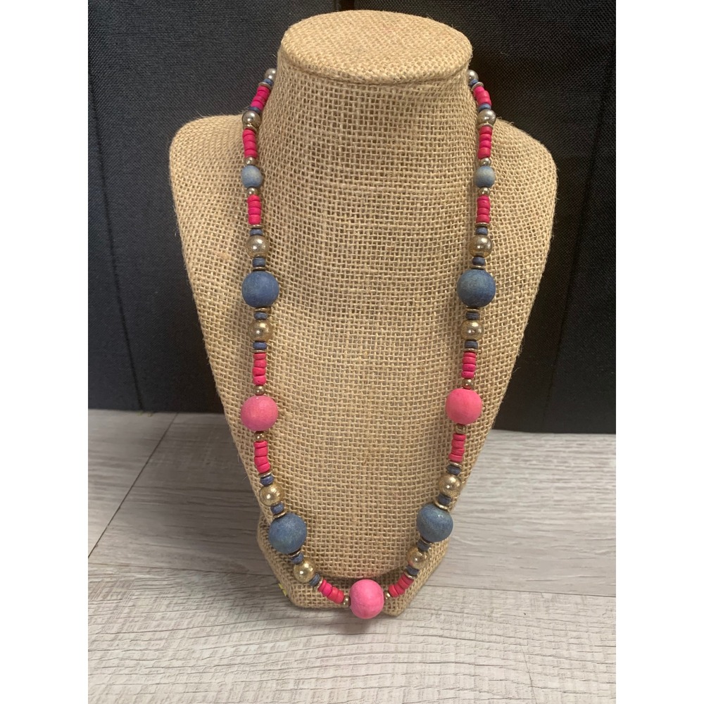 Boho Pink Blue Wood‎ Bead Statement Necklace Gold Tone Accents 22" Barrel Clasp